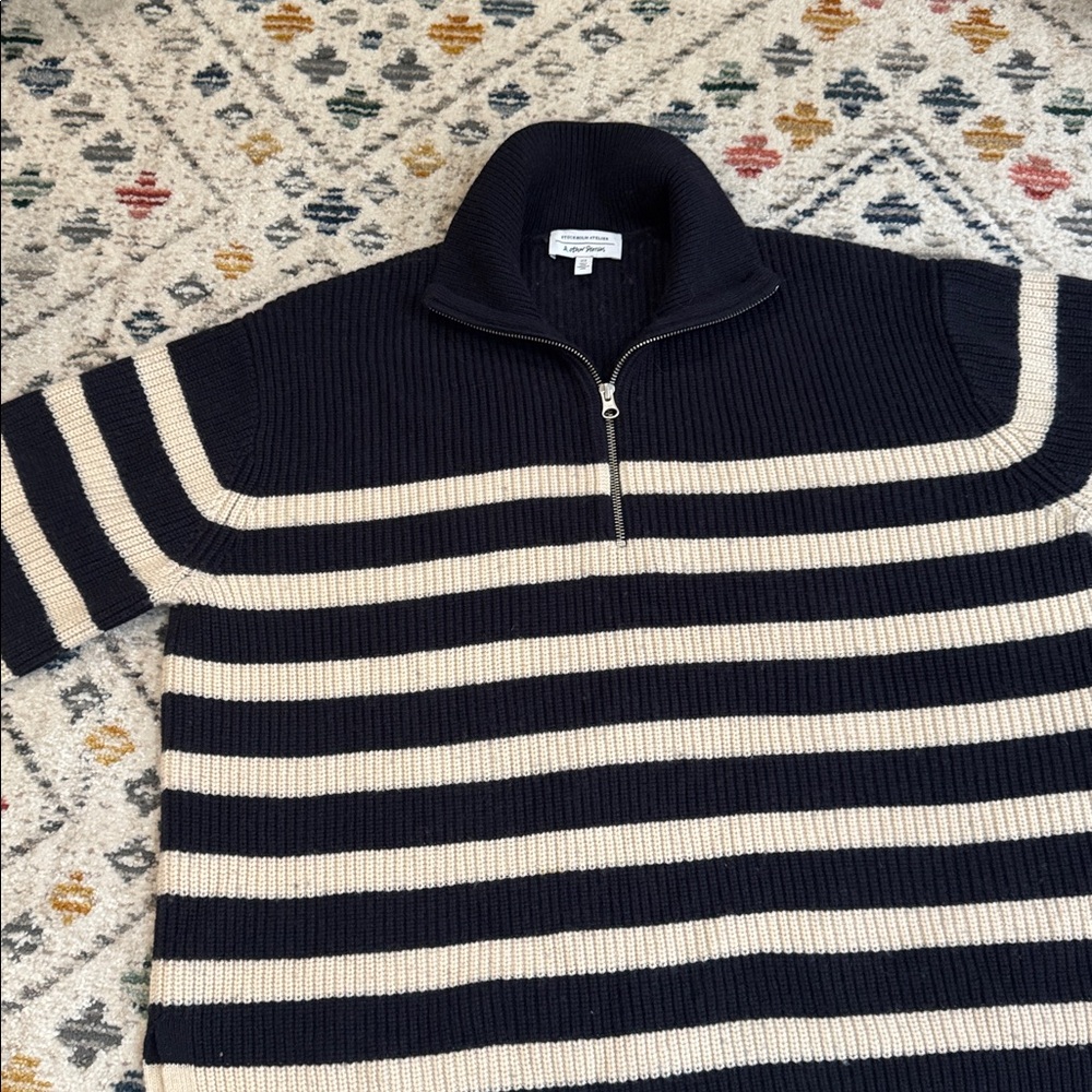 & Other Stories Striped Half Zip Sweater Wool Blend Navy Cream Stockholm Atelier - Picture 4 of 7